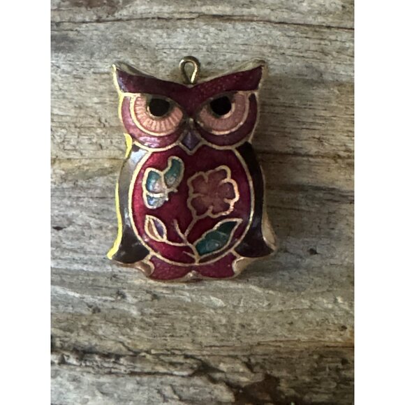 Vintage Cloisonné Owl Pendant Red Enamel & Gold Floral Design Double Sided - Picture 3 of 4